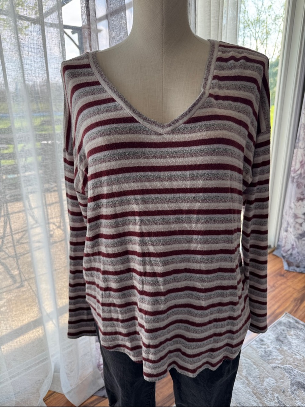 American Eagle Outfitters Burgundy and Light Gray Striped V-Neck Long Sleeve Top